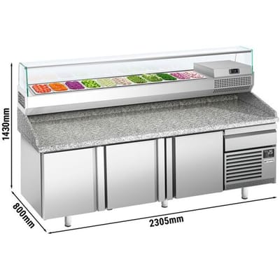 GGM Gastro Pizzakühltisch Premium PLUS - 2305x800mm - mit 3 Türen & 1 Schublade - inkl. Kühlaufsatzvitrine - 11x GN 1/4 Zilver