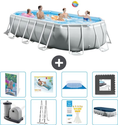 Intex Ovaal Prism Frame Zwembad - 503 x 274 x 122 cm - Grijs - Inclusief Pomp - Ladder - Grondzeil - Afdekzeil - Loungebed - Vloertegels - 9-delig