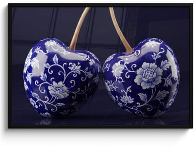 Poster in lijst - Fotolijst 120x80 cm - Posters - Porselein- Kersen - Delfts - Blauw - Posterlijst zwart - Decoratie - Wanddecoratie woonkamer - Muurdecoratie slaapkamer