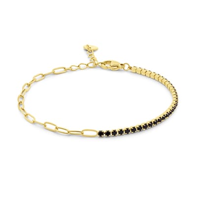 CO88 Collection - 8CB-91360 - grove schakelarmband vrouwen met zwarte zirconia stenen - 2 mm - 16.5+3 cm - goudkleurig