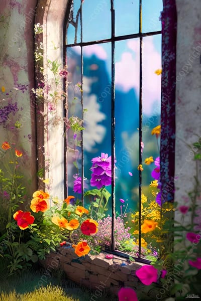 John Joseb Art (Glas) 60x40 | Oud raam met wilde bloemen - ruïne, verval - geschilderde stijl - woonkamer slaapkamer | huis, landschap, blauw, groen, oranje, geel, modern | Foto-schilderij-glasschilderij-acrylglas-acrylaat-wanddecoratie