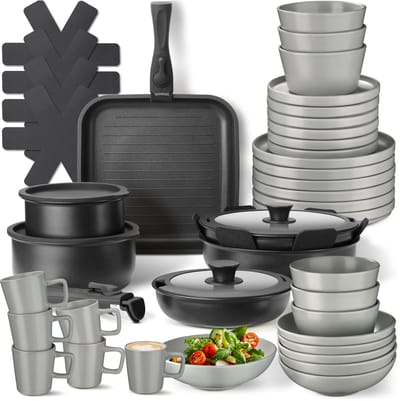 tectake® Complete Pannenset - Borden Set - Aardewerk - 47-delig - 6 Persoons - Set met Servies, Koekenpan, Grillpan, Kookpan, Kommen - Pannen met Deksel en Antiaanbaklaag - Ovenbestendig - Vaatwasbestendig - Geschikt voor Inductie - Grijs/Zwart
