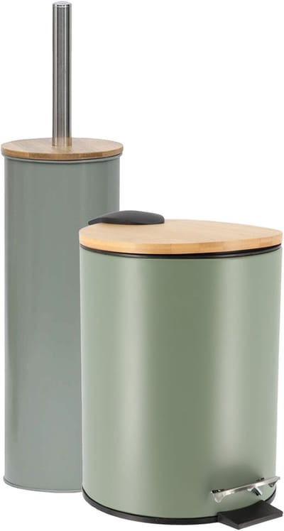 Tendance Badkamerset prullenbak en toiletborstel - Bamboo vibe - soft close - olijfgroen - 3 liter - metaal