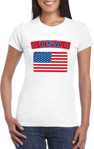 Vlag Amerika USA t-shirt - wit - met vlag van het land print - voor dames - korte mouwen - supporters S