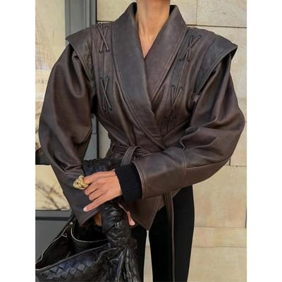 Vintage PU Leer Vetersluiting Damesjas Mode Effen met Zak Riem Slim Bovenkleding Vrouwelijk Chic High Street Korte Jas S black
