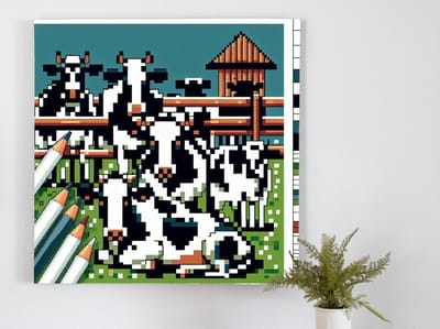 Pixel art koeien schilderij | Geometrische boerderijtaferelen: Koeien in pixel art kunstwerk tentoongesteld | Kunst - 40x40 centimeter op Canvas | Foto op Canvas