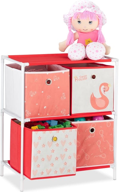 speelgoedkast - met 3 manden - meisjes - zwaan thema - 62x53x30 cm - wit-rood