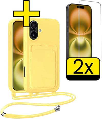 Hoesje Geschikt voor iPhone 16 Plus Telefoonhoesje Met Koord Case Pashouder Met 2x Screenprotector Siliconen - Hoes Geschikt voor iPhone 16 Plus Hoesje Met Kaarthouder - Geel