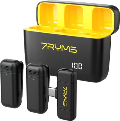 7RYMS Rimo S1(UC) Draadloze smartphone Microfoon USB-C - 2.4G Dual-channel - Geschikt voor o.a. iPhone 15, 16, Samsung en apparaten met USB-C - Met oplaadbare case tot 16 uur opnemen - Zwart/Geel