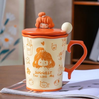 Mug Graffiti avec Couvercle Cuillère Tasse à Eau en Céramique Couple avec Grande Capacité Peint à la Main Cadeau pour Filles Cadeau d'Anniversaire de Niche 480ml