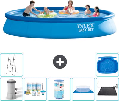 Intex Rond Opblaasbaar Easy Set Zwembad - 457 x 84 cm - Blauw - Inclusief Pomp - Onderhoudspakket - Filter - Grondzeil - Solar Mat - Ladder - Voetenbad - 8-delig