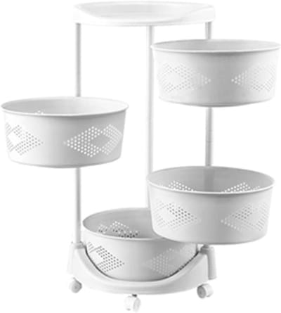 Opbergwagen Met Wielen - Draaibare Trolley - Keuken Organiseren - Holle Manden - 4 Lagen - Wit