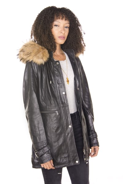 Dames lederen parka jas met capuchon-Putian