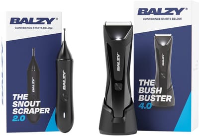 BALZY® Trimmer Bundel – BushBuster® 4.0 Bodygroomer Mannen + SnoutScraper® 2.0 Neustrimmer – SafeShave™ Technologie – USB-C Oplaadbaar – Voordeelset voor Gezicht, Lichaam & Gevoelige Zones