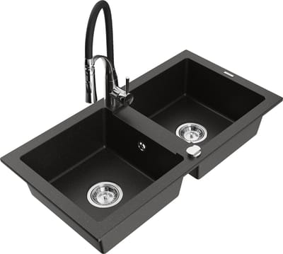 Mexen Mario granieten gootsteen met 2 koen en keukenmengkraan Aster, zwart/goud metallic - 6504-75-73450-07