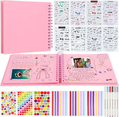 Creatief Fotoalbum voor DIY Projecten, 80 Pagina's, Spiral Binding, Inclusief 6 Metallic Kleurpotloden, 14 Stickers, Perfect voor Scrapbooking en Cadeaus voor Baby en Familie
