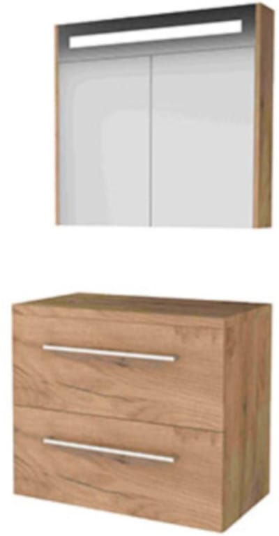 Basic-Line Comfort 46 Badkamermeubelset - 80 x 46 cm - Met Grepen - 2 Lades - Wastafelblad - Spiegelkast - Whisky Oak