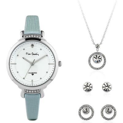 Pierre Cardin Classic Dameshorloge Blauw/Zilver - Leren Band - Met Sieradenset en Kristallen