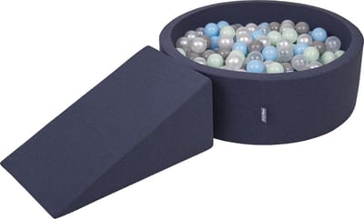 KiddyMoon Speeltoestel met ramp Ballenbad - 7cm 200 Ballen - Ballenbak voor babys - Ballenbak schuim kinderen - Speelbad - Schuimspeelset - Donkerblauw: Parel Grijs Transparant Babyblauw Munt