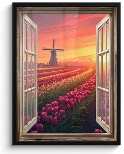 Poster in lijst - Fotolijst 50x70 cm - Posters - Doorkijk - Tulpen - Zonsondergang - Bloemen - Kleurrijk - Posterlijst zwart - Decoratie - Wanddecoratie woonkamer - Muurdecoratie slaapkamer
