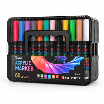 Acrylmarkers - set van 60 - zachte punt en direct inktsysteem - voor tekenen en DIY - draagbare stapeldoos