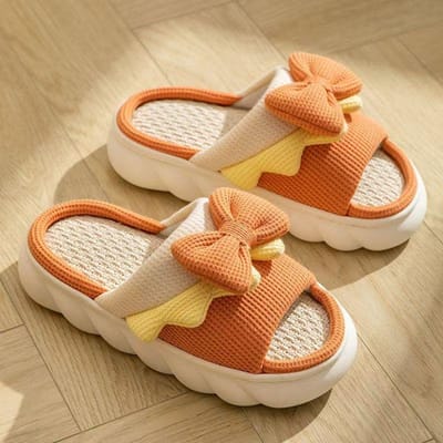 Linnen pantoffels Dames Binnenpantoffels Comfortabele antislip huis katoenen schoenen Schattige strik platte pantoffel Koppels slides lente zomer 36-37 beige