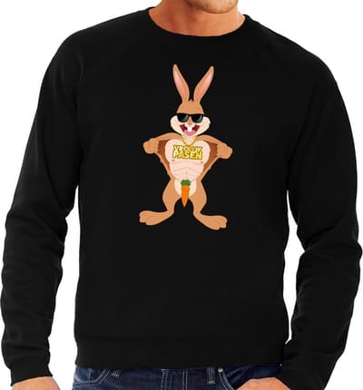 Pasen thema sweater - stoere paashaas - zwart - voor heren - lange mouwen - Pasen kleding S