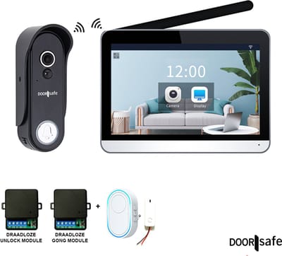 Doorsafe 4652 + draadloze gong | HD draadloze camera deurbel | 7″ touchscherm | Draadloos, langer bereik (868Mhz) | Deurbel op stroom of uitneembare 7000mAh accu | Hoog resolutie beeld | Duplex audio | PIR bewegingssensor | Draadloze unlock | 32Gb