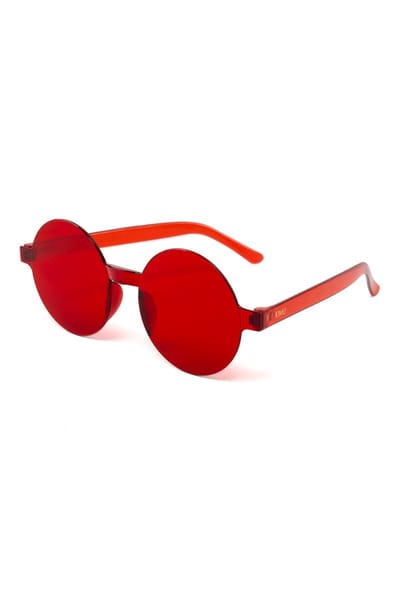 KIMU® Zonnebril Rond - Zonder Montuur - Rode Glazen - Dames Heren Retro Kunststof Vintage Designer Montuurloos Rood Festival