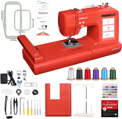 PooLin EOC05 naai en borduurmachine 2-in-1 voor beginners - Rood - Personaliseer textiel - Letters, afbeeldingen en cijfers - Meerdere kleuren - Borduren - Naaien en stikken - Automatisch - Grote volumes
