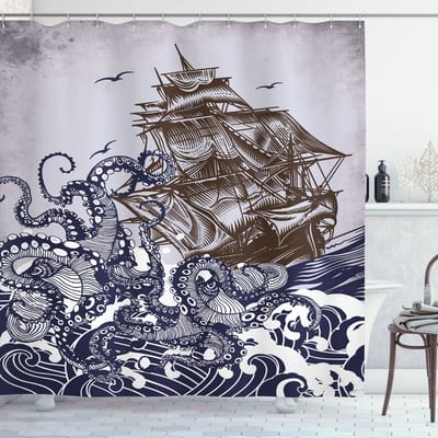 New Bed, Nautisch Boot Octopus Retro Ontwerp Douchegordijn Badkamer Decor Set met Haakjes 180 cm B 200 cm L