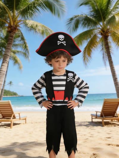 Ensemble de costume de pirate pour enfants Comprend un haut rayé, un gilet, un pantalon, un chapeau de pirate et un sabre factice. Design Classique Imprimé Crâne, Super 7-8Y&Other noir