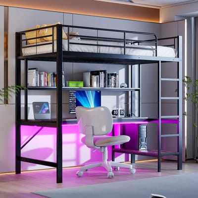 MEUNIQ Hoogslaper 90 x 200 cm met bureau, opbergrek, trap, LED-verlichting, USB en stopcontact, metalen bedframe voor kinderkamer, zwart