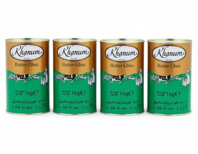 Khanum Pure Boter Ghee - Set van 4 x 1 kg - Hoogwaardig Vet voor Roosteren en Bakken - Geklaarde Boter in Blik - Voordeelverpakking 4kg met Kajal Sticker