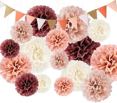 Dailygoods- Feestdecoraties 26 Stuks - Papieren Bloemen - Vlaggetjes - Feestversiering Verjaardag - Babyshower - Achtergrond Fotografie