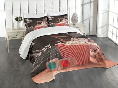 ABAKUHAUS Cinema Bedspreidset, Filmindustrie, Gevlochten 3-delige dekbedset met 2 kussenslopen, voor tweepersoonsbedden 264 x 220 cm, Meerkleurig