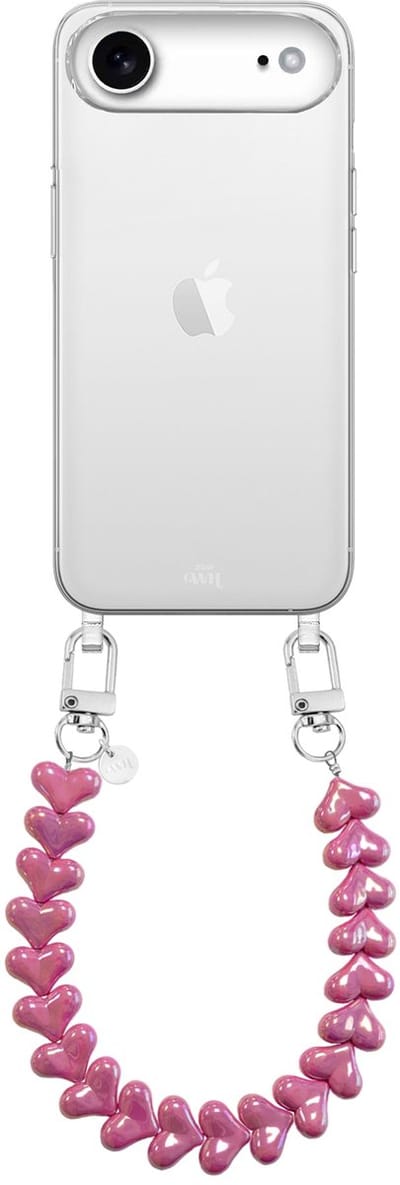 xoxo Wildhearts siliconen hoesje geschikt voor iPhone 17 Air hoesje - Funky Hearts - Telefoonhoesje - Hoesje met koord - Metallic Roze (Donkerroze) koord - kort telefoonkoord - Hartjes ketting - Transparant hoesje