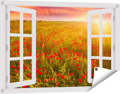 Gards Tuinposter Doorkijk Rode Klaproos Bloemenveld - Zonsondergang - 90x60 cm - Tuindoek - Tuindecoratie - Wanddecoratie buiten - Tuinschilderij