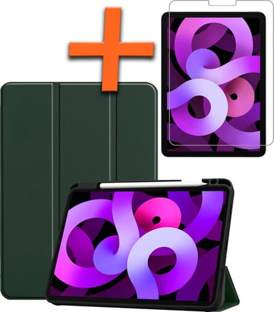 Hoesje - Geschikt voor Apple iPad Air 5 (2022) - 10.9 inch - 5e Generatie - M1 - Met Screenprotector - Trifold Bookcase - Hard Cover Case - Met Uitsparing Geschikt voor Apple Pencil - Hardcover Book - Tablet Hoes - Donkergroen
