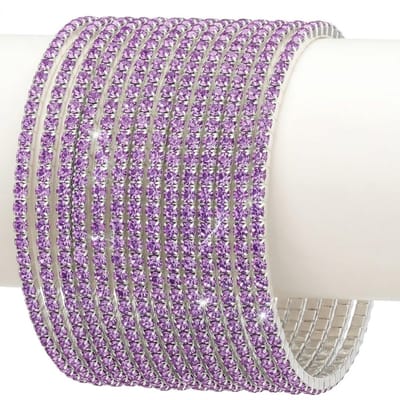 12 Zilverkleurige armbanden set voor dames – stapelbare bangles met paarse steentjes – glanzende sieraden set