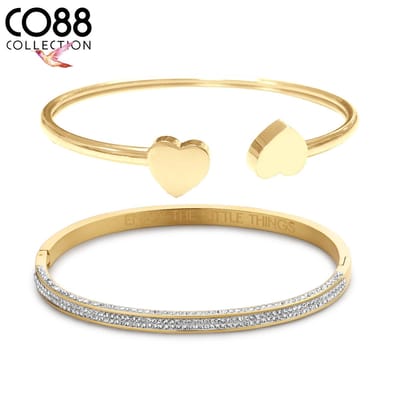 CO88 Collection 8CO-SET101 Stalen Sieraden Set - Dames - 2 Armbanden - Bangles - Kristal - Hartjes - One size (58 x 49 x 4 mm) - Staal - Goudkleurig