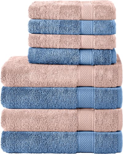 Komfortec Handdoekenset – Set van 8 - 4x Handdoek 50x100 cm en 4x Badhanddoek 70x140 cm - 100% Katoen - Lichtblauw&Beige