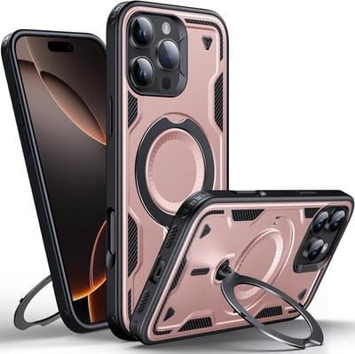 Magsafe Hoesje Geschikt voor iPhone 16 Pro Max Hoesje Rose Goud - Armor Hoesje met Met Draaibare Ring Houder