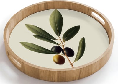 Dienblad rond 40x40 cm - Schootdienblad hout - Olijftak - Donkergroen - Olijven - Borrelplank rechthoek - Plateau houten dienbladen