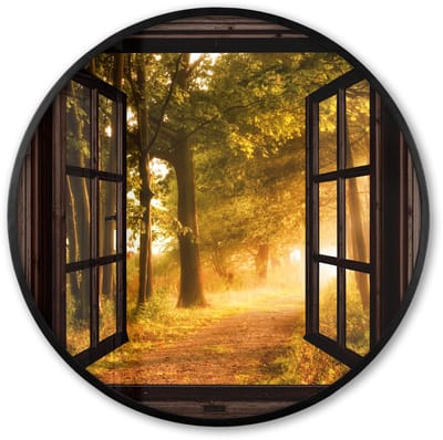 Poster in lijst Rond - Fotolijst 60x60 cm - Posters - Bos - Bomen - Zonlicht - Herfst - Bospad - Natuur - Doorkijk - Ronde posterlijst zwart - Decoratie - Wanddecoratie woonkamer - Muurdecoratie slaapkamer