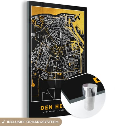 MuchoWow® Glasschilderij 40x60 cm - Schilderij acrylglas - Plattegrond - Den Helder - Goud - Zwart - Foto op glas - Schilderijen - Stadskaart