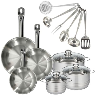 Set 3 pannen 20 24 en 28 cm roestvrij staal, 3 roestvrijstalen kookpotten 16, 20 en 24 cm en 6 roestvrijstalen keukengerei Fackelmann Eterna