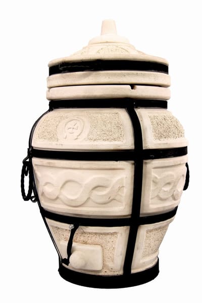 Tandoor Esaul (klapdeksel) – Keramische houtgestookte buitenoven, verticale Kamado voor vlees, groenten en brood – Met 8 XL-spiesen & accessoires – 5 cm dikke wanden voor perfecte warmteopslag – 82 cm – 100 kg - 55L