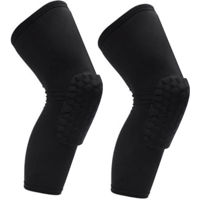 2 Pièces Genouillère Unisexe Rallongée Nid d'abeille Anti-collision Compression Manchon de Genou pour Basketball Blanc L Pour noir