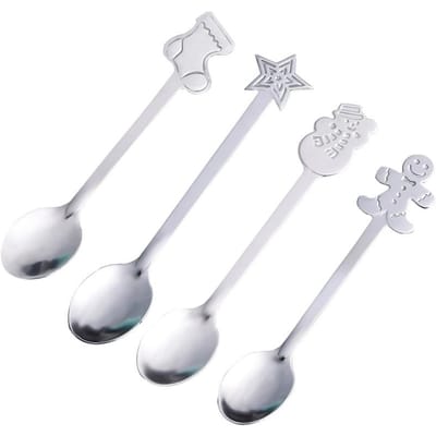 4 Pièces Cuillères à Café de Noël avec Boîte Cadeau Acier Inoxydable Bonhomme de Neige Étoile Cuillères à Dessert Cuillères à Café Couverts Cuillère Cadeau de Noël white